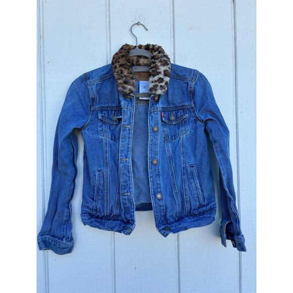 Levi's Leopard Collar Trucker Denim Jacket, Size‎ Girls Large - Picture 1 of 6